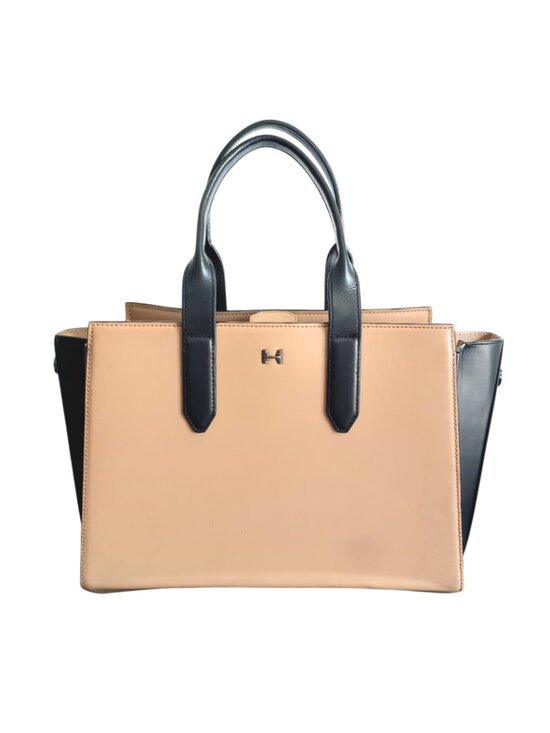 Halston Heritage Handbags - H Halston Beige Black Structured Tote Bag - Colorblock Satchel Purse